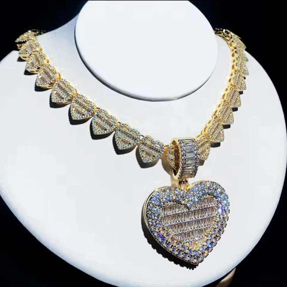 Gold Baguette Heart Necklace Bling 878 E